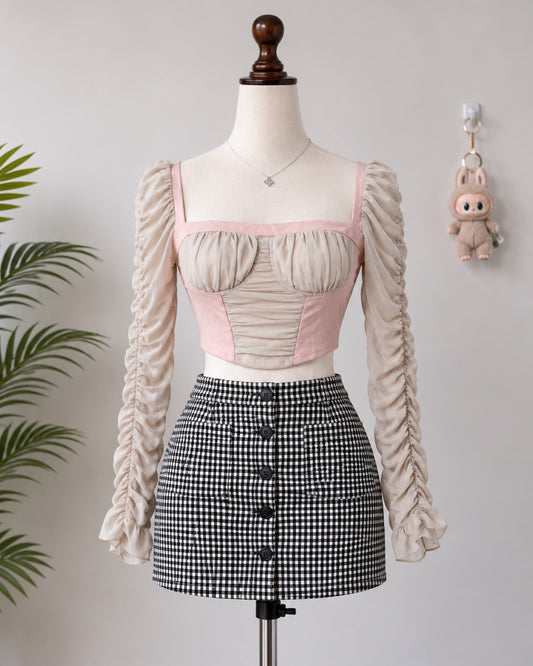 Pink Beige Ruched Crop Top N-88