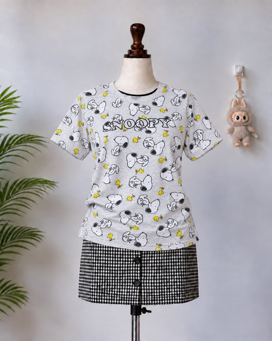Grey Snoopy Print T-Shirt - N-9