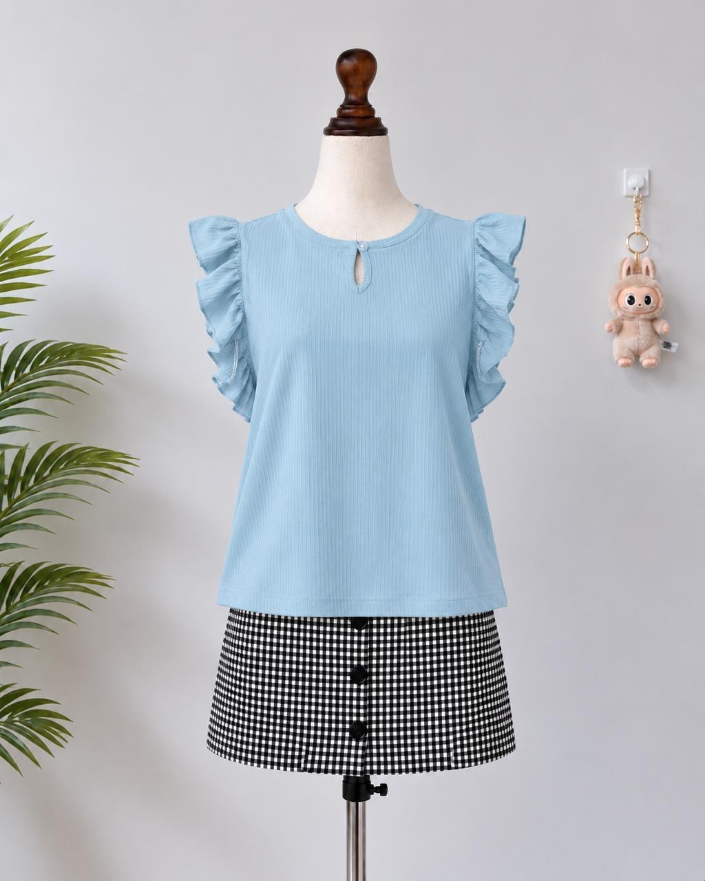 Light blue ruffle-sleeve top