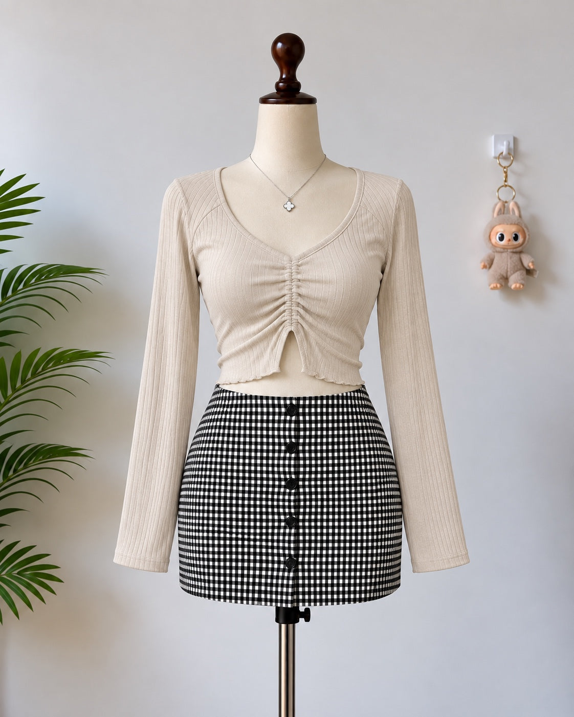 Beige Ribbed Ruched Long Sleeve Crop Top