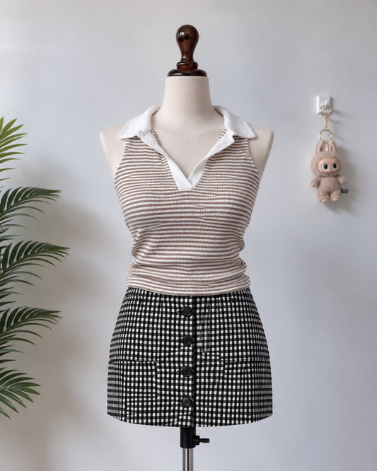 Beige White Striped Sleeveless Polo Top