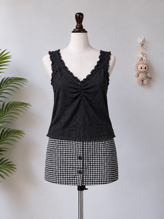 Black lace ruched V-neck sleeveless top