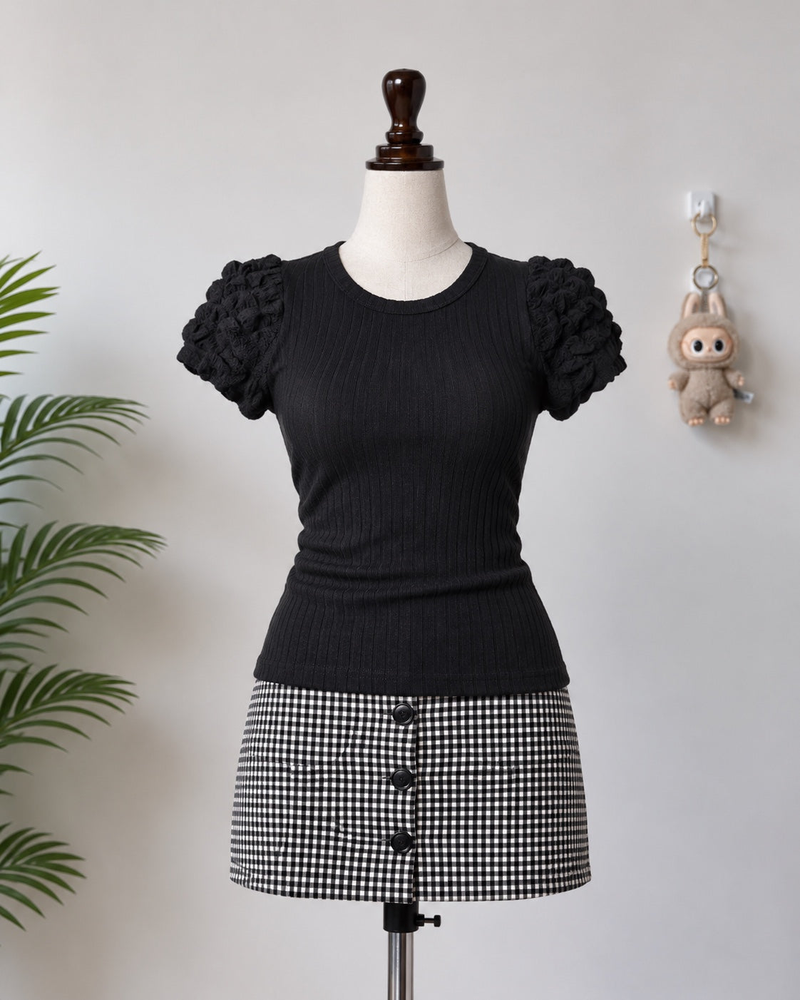 Black Ribbed Puff Sleeve Top