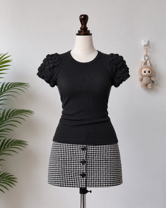 Black Ribbed Puff Sleeve Top