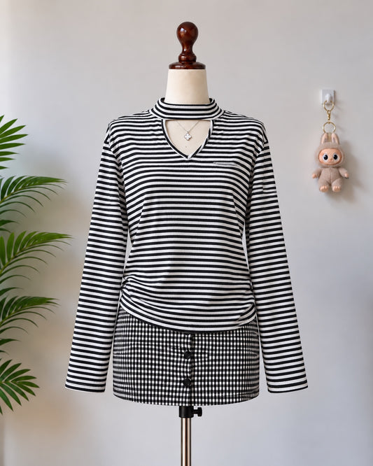 Black and white striped choker neck long sleeve top