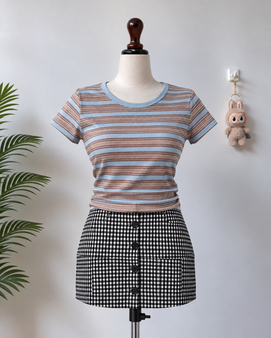 Blue Brown Striped Short Sleeve Top