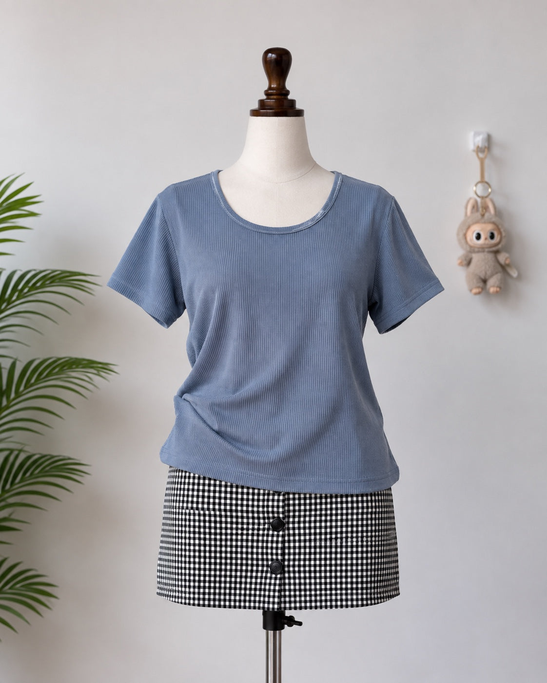 Blue Ribbed Short Sleeve Top