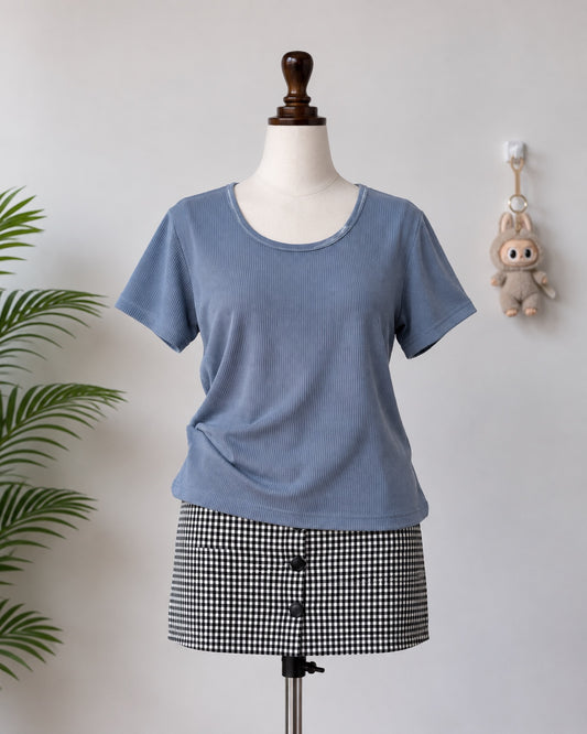 Blue Ribbed Short Sleeve Top