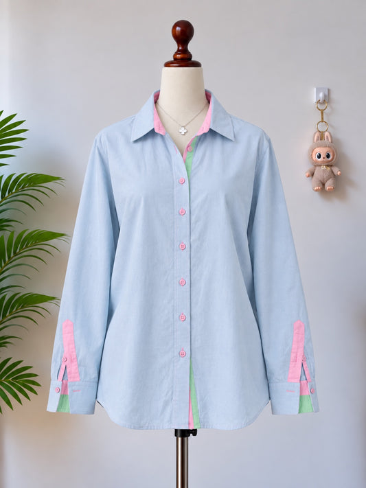 Light blue contrast trim button-up shirt front