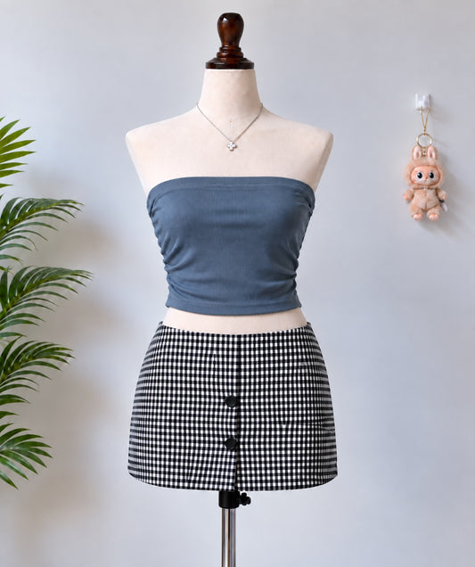 Blue strapless ruched crop top