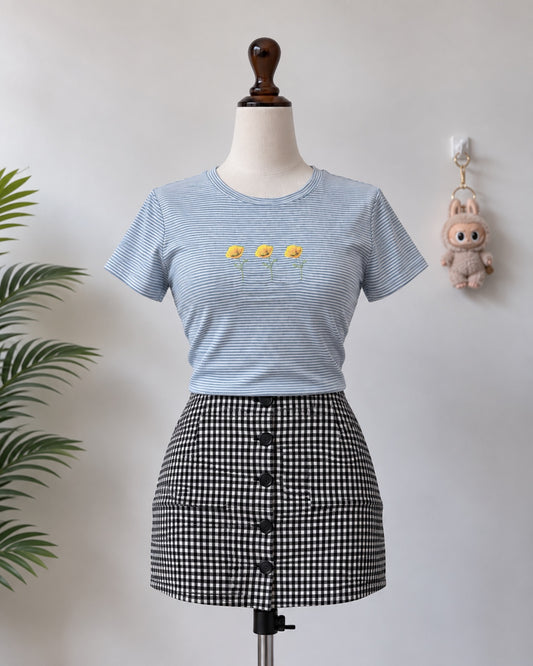 Blue White Striped Floral Short Sleeve Top