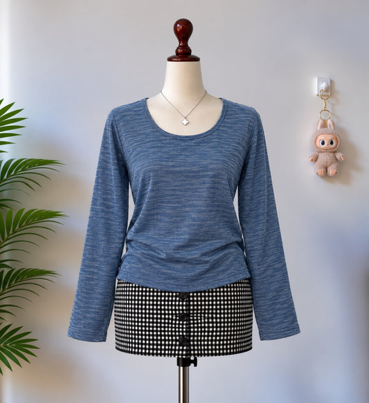 Blue Textured Long Sleeve Scoop Neck Top