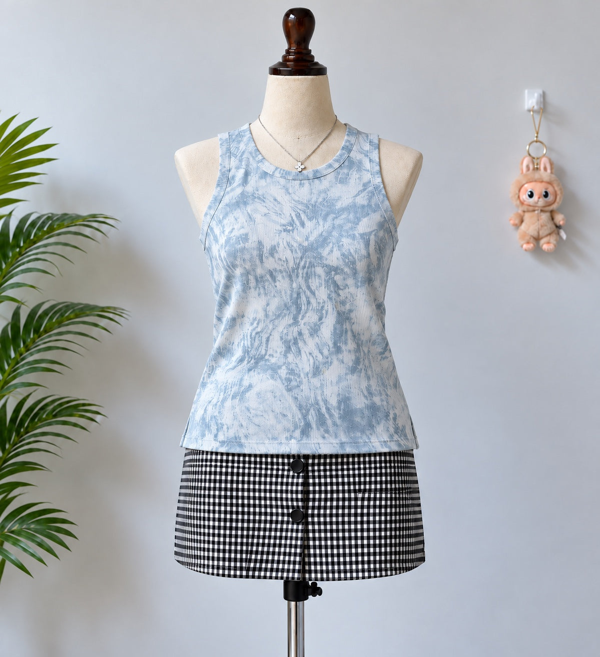Blue White Tie Dye Ribbed Tank Top