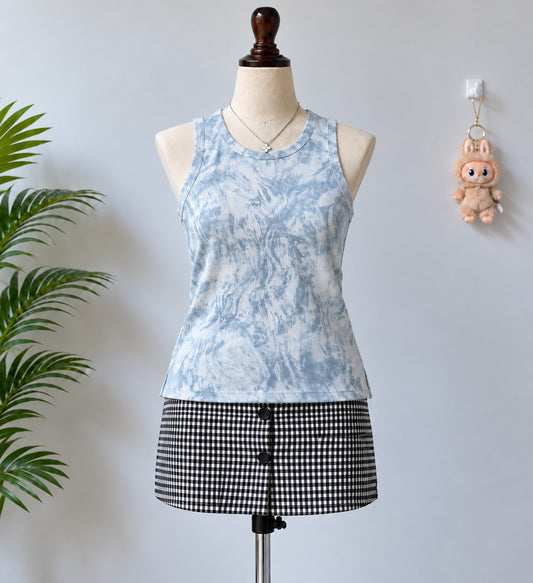 Blue White Tie Dye Ribbed Tank Top