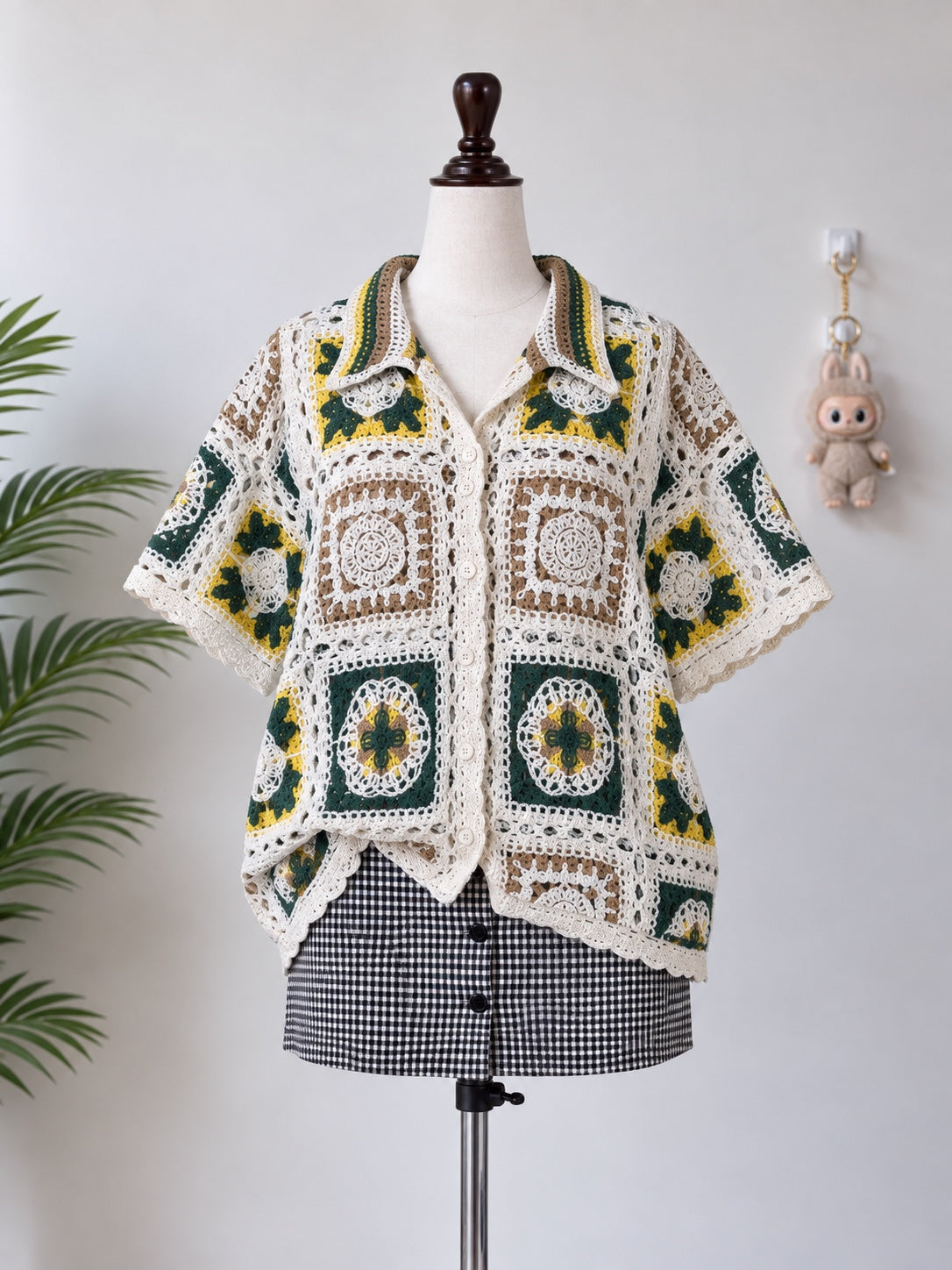 Cream Green Yellow Crochet Button Shirt