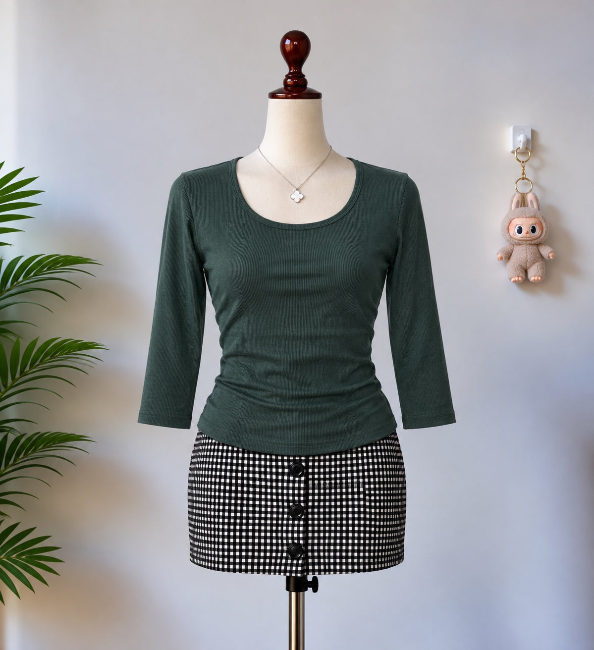 Dark Green Scoop Neck Three Quarter Sleeve Top