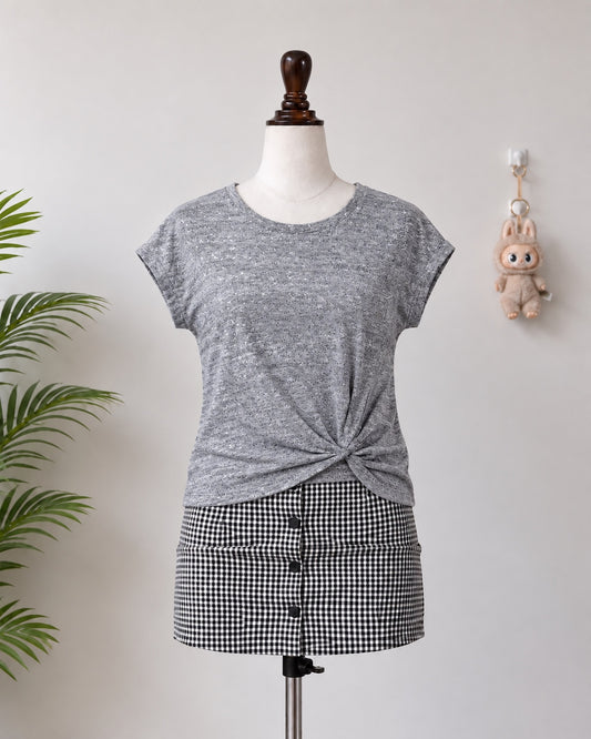 Grey glitter twist front short sleeve top