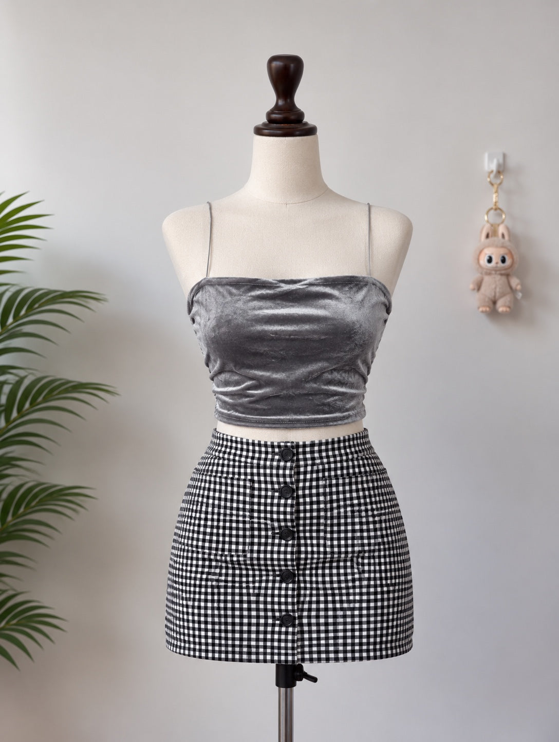 Grey velvet cami crop top front
