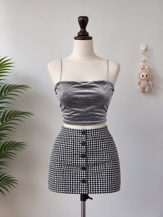 Grey velvet cami crop top front