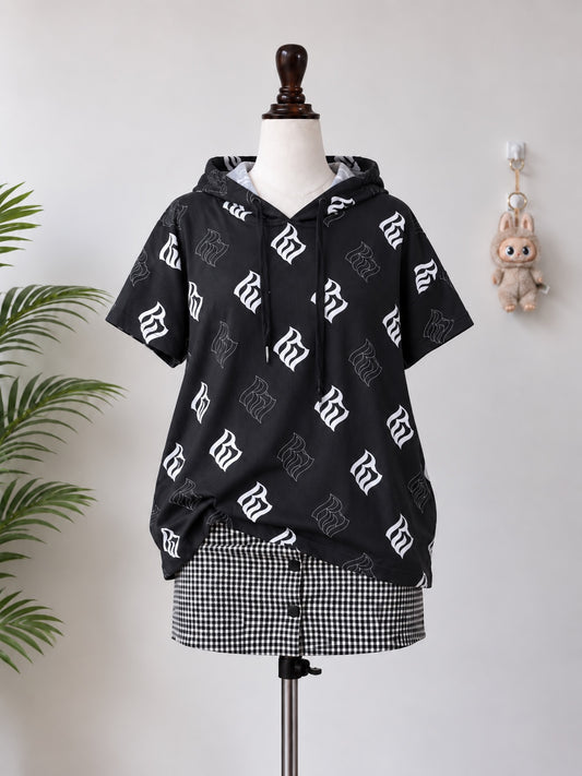 Black graphic hooded tee