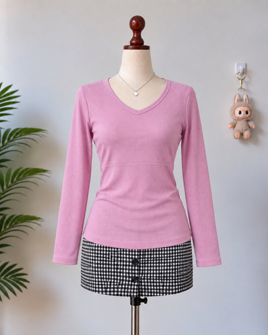 Pink ribbed v-neck long sleeve top