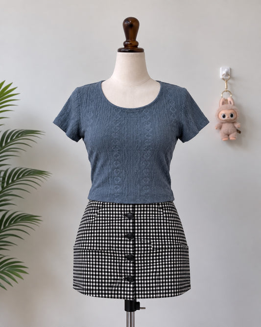 Blue textured short sleeve crop top