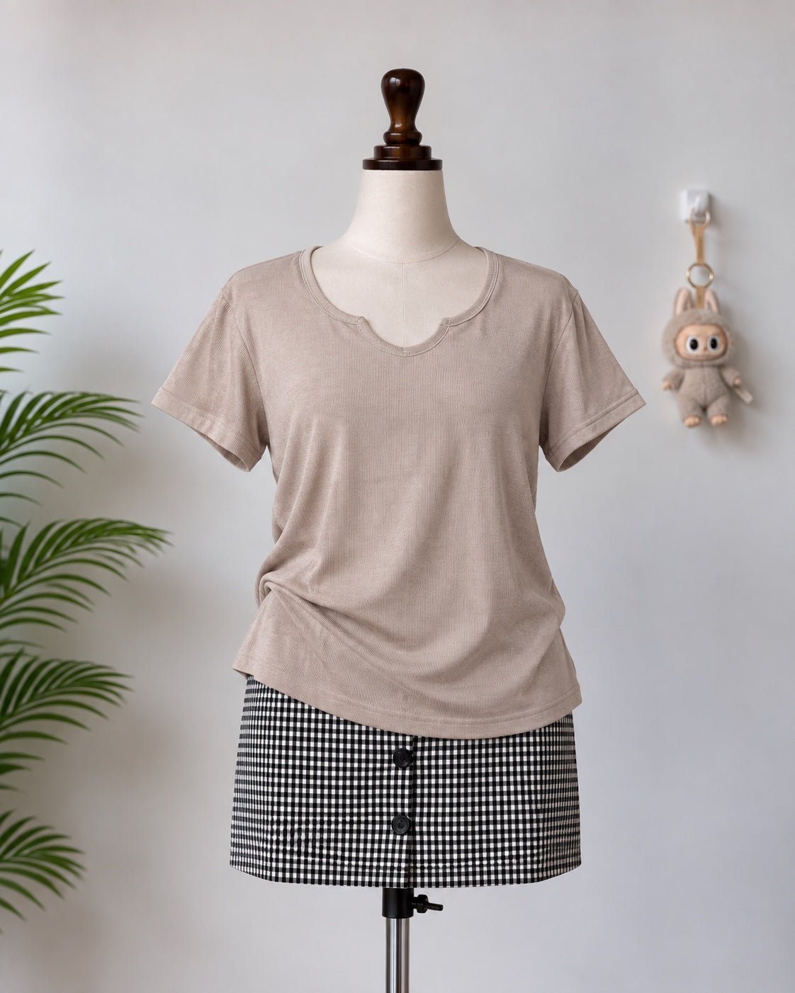 Beige notch neck short sleeve top