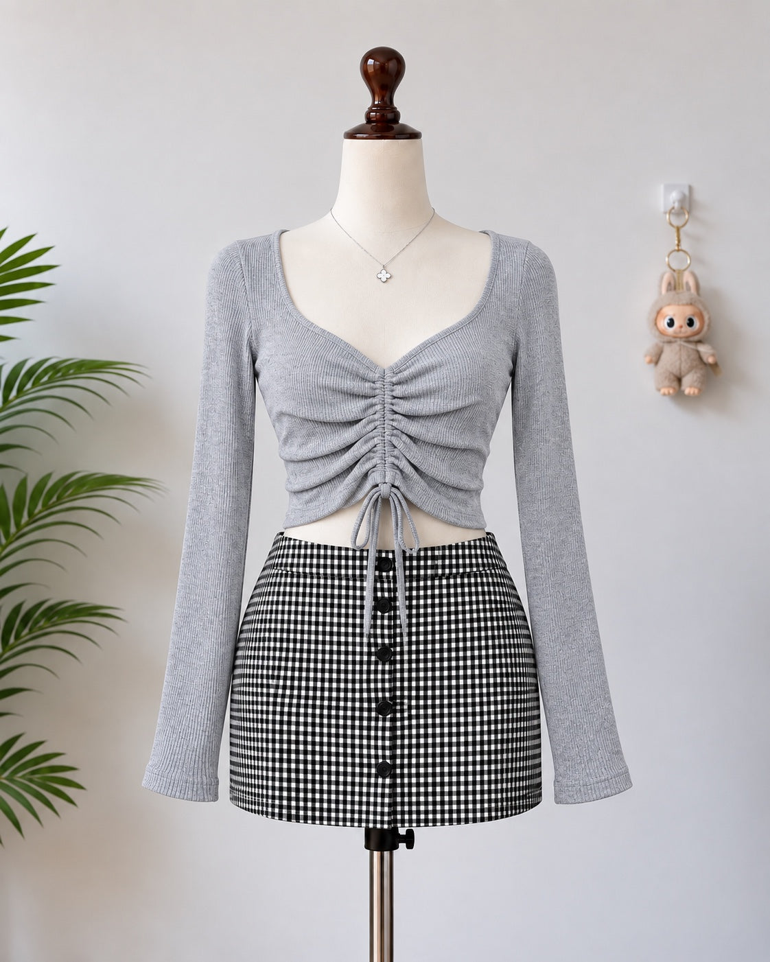 Grey ruched drawstring long sleeve crop top