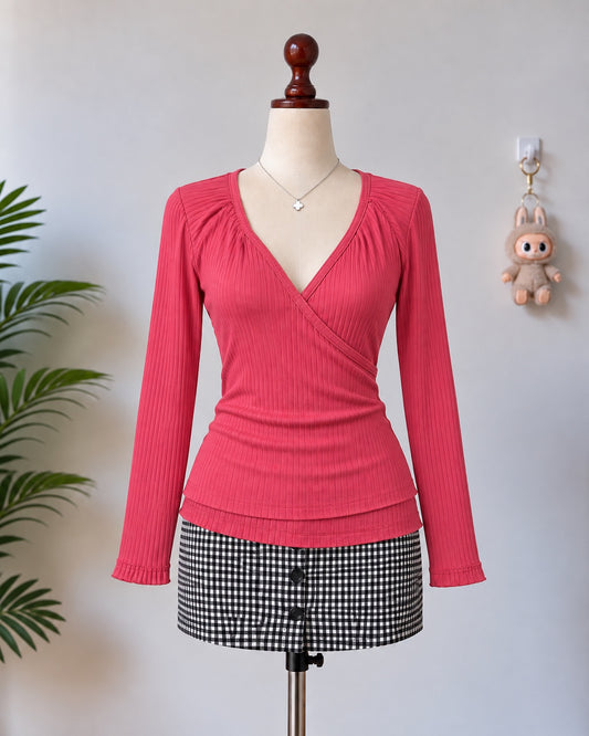 Red ribbed wrap long sleeve top