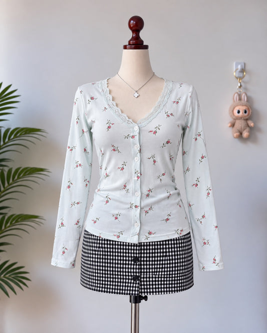 Floral lace trim button front long sleeve top