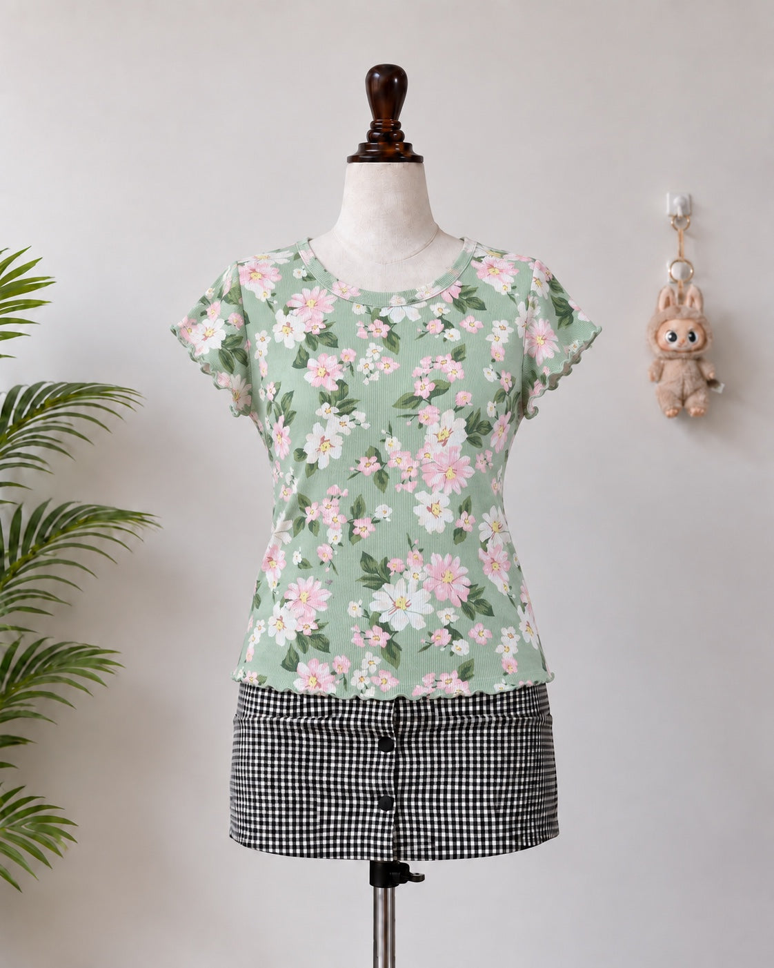 Green Pink Floral Ribbed Top