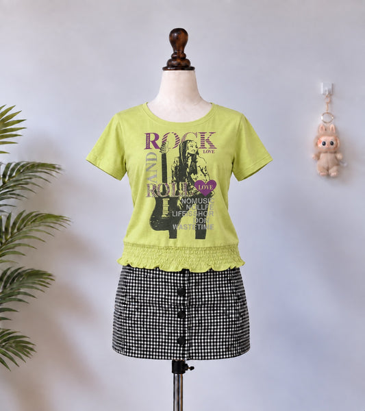 Rock Print Ruffle Hem Crop T-Shirt