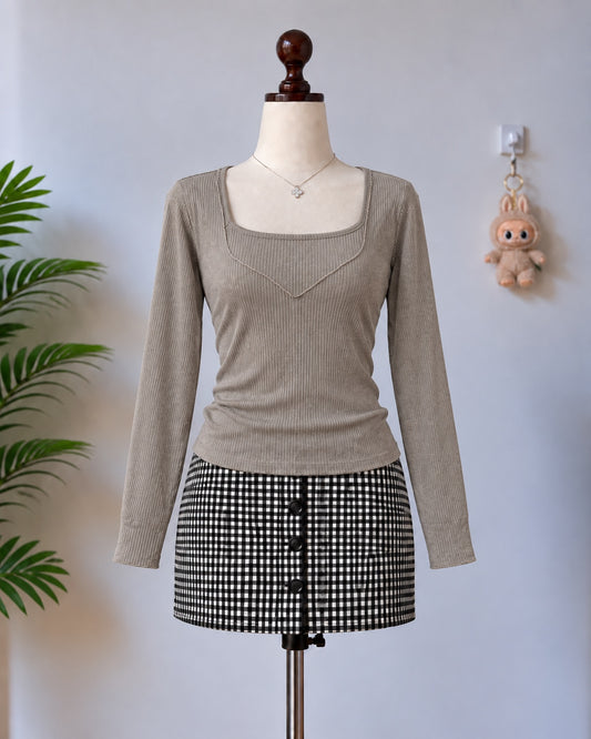 Taupe Ribbed Layered Neckline Top