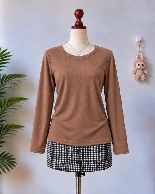 Brown Ribbed Long Sleeve Top