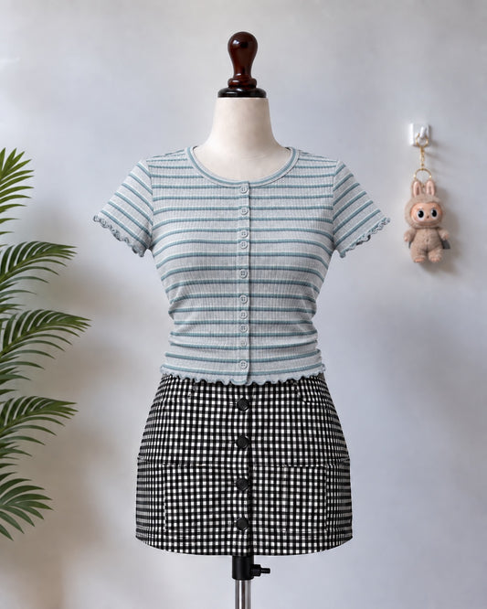 Light blue striped button front top