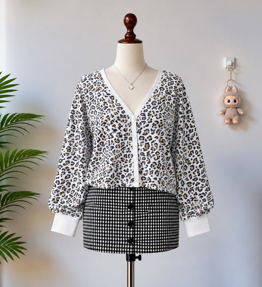 Leopard print button front long sleeve cardigan top
