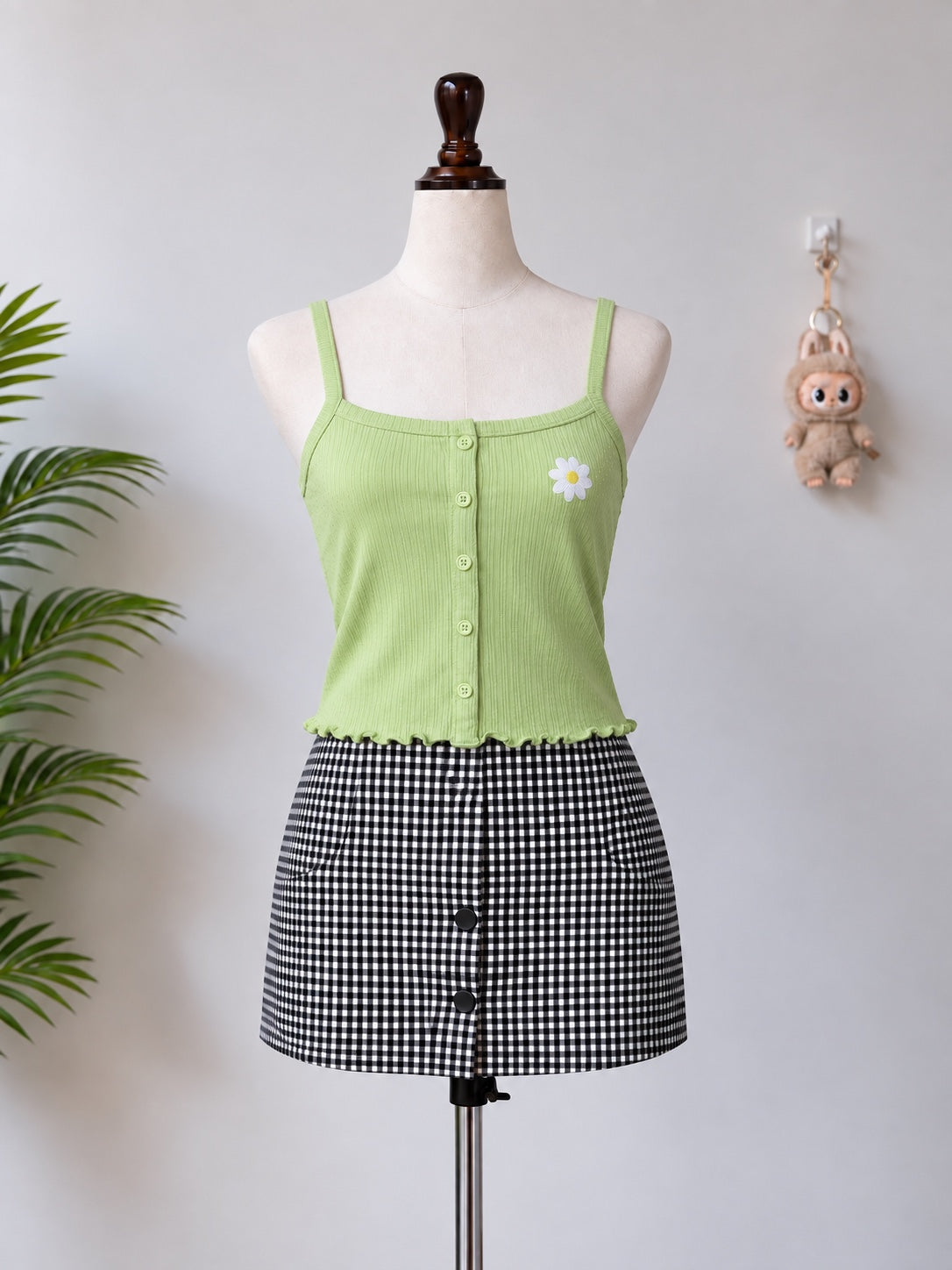 Lime green ribbed button front daisy tank top