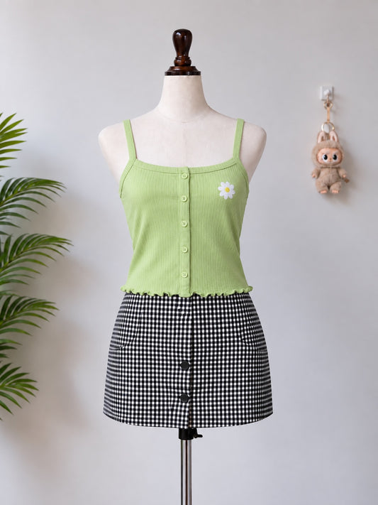 Lime green ribbed button front daisy tank top