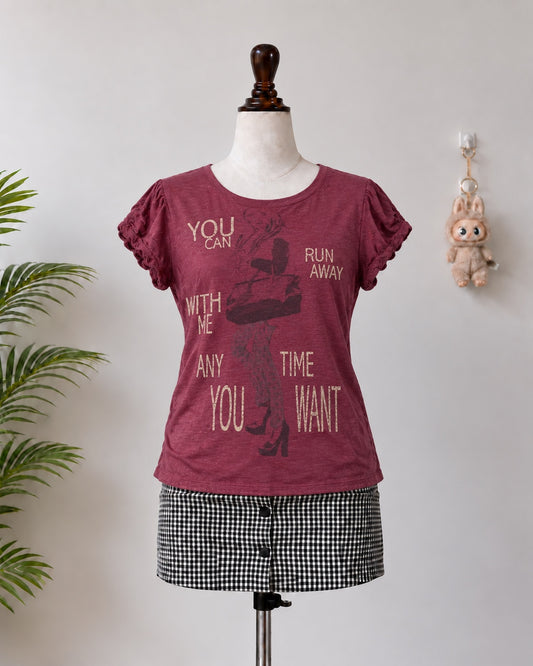 Burgundy Graphic Ruched Sleeve T-Shirt