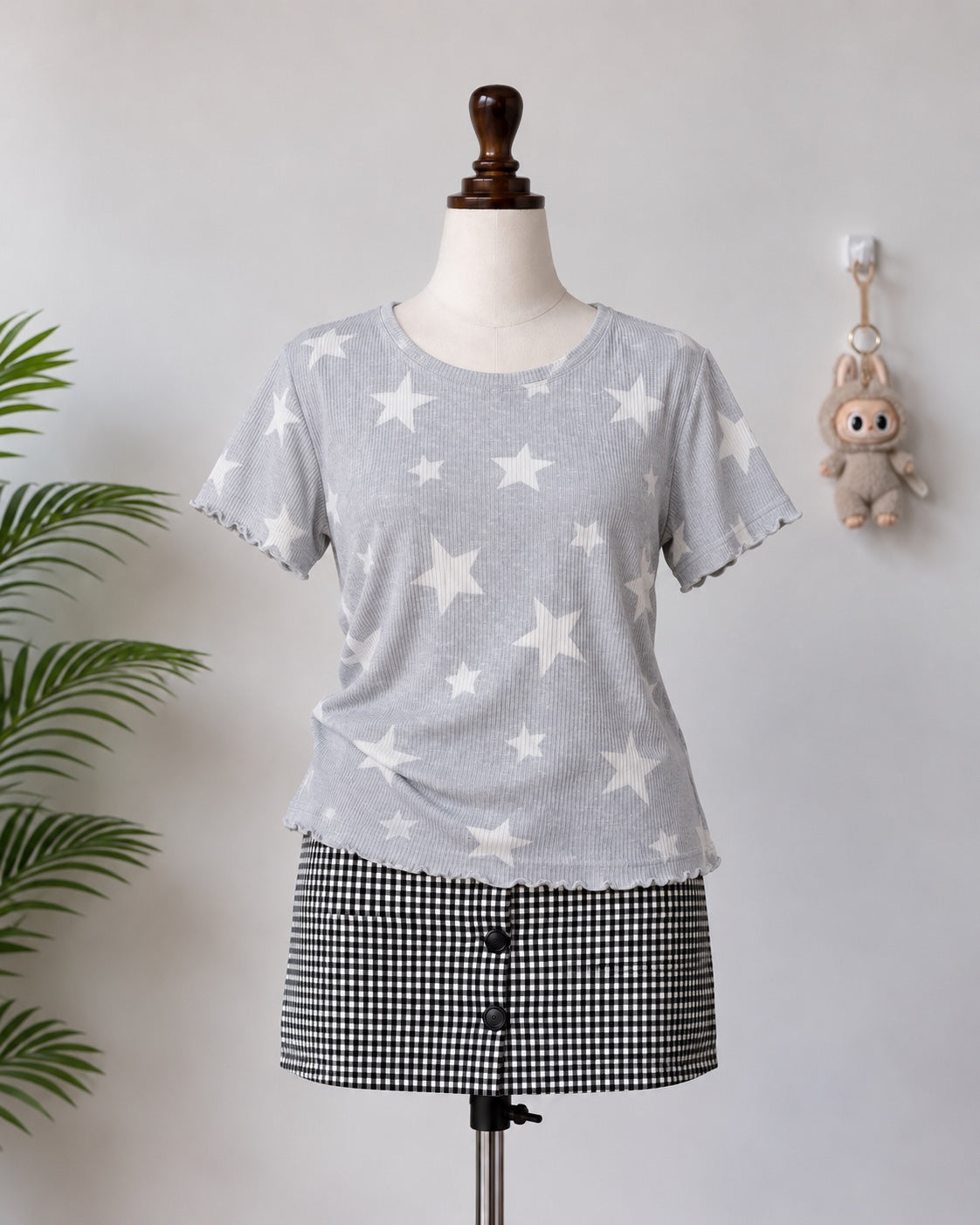Grey Star Print Ribbed T-Shirt