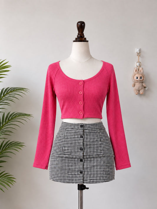 Pink Ribbed Button Front Crop Top