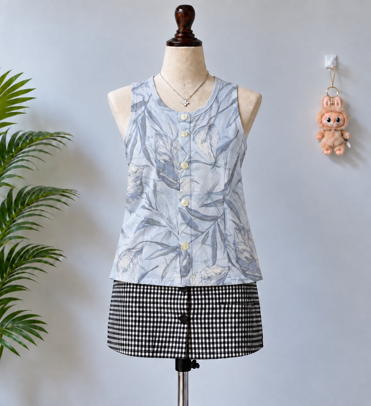 Light Blue Floral Sleeveless Button Front Top