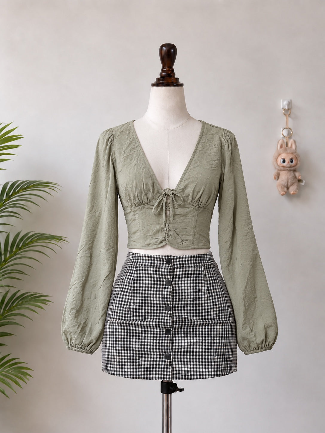 Sage Green Lace Up Long Sleeve Crop Top
