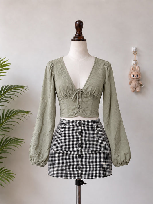 Sage Green Lace Up Long Sleeve Crop Top