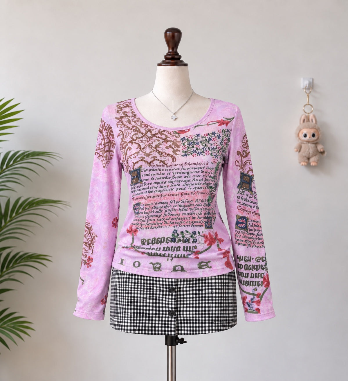 Pink Floral Script Print Long Sleeve Top