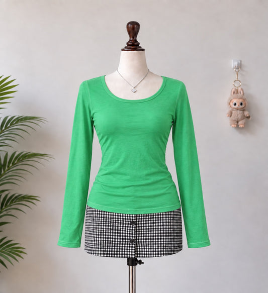Bright Green Scoop Neck Long Sleeve Top