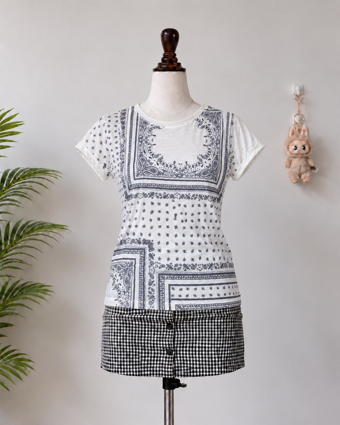 White and Navy Paisley Print T-Shirt