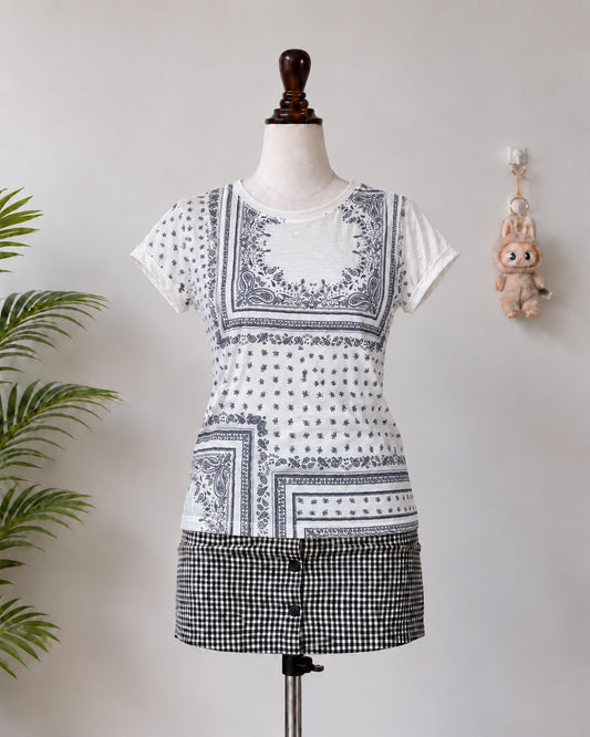 White and Navy Paisley Print T-Shirt