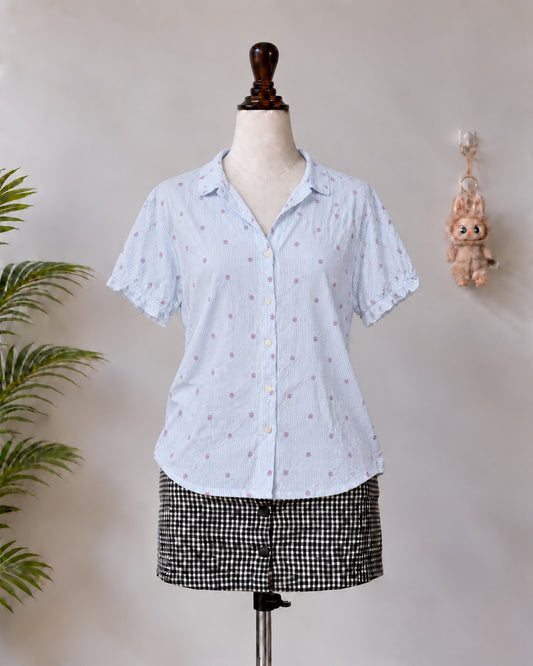 Light Blue Striped Floral Button Front Shirt