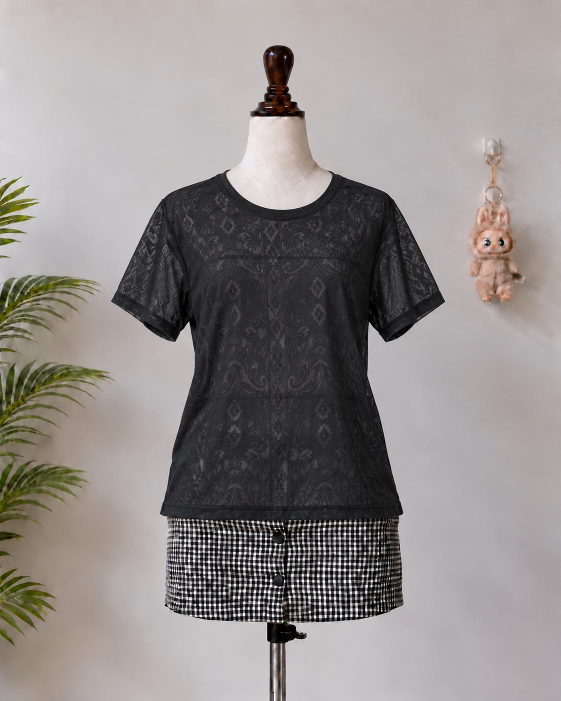 Black Sheer Patterned Short Sleeve Top